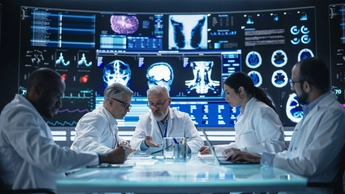  Team Members Having a Medical Meeting in Front of Big Digital Screen